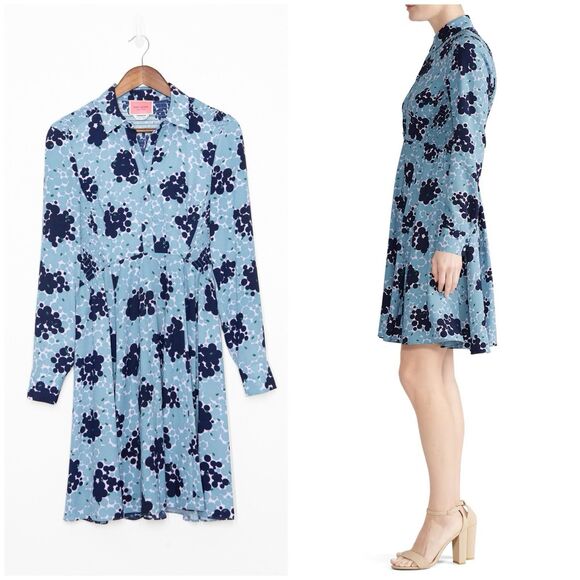 Kate Spade Bubble Dot Smocked Shirt Dress | Blue Floral | Long Sleeve | Size 4 - Picture 1 of 8